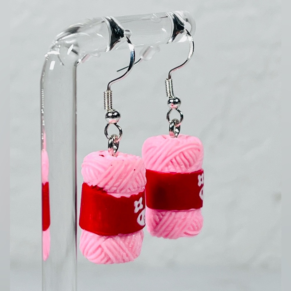 Pink Yarn Ball Earrings - Picture 2 of 8